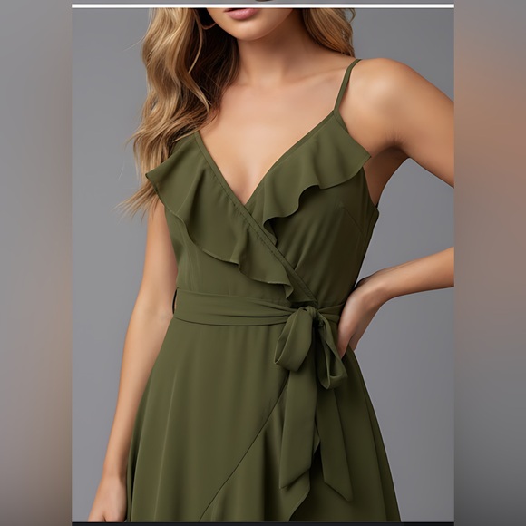 Ruffle Trim Spaghetti Strap Dress Green - Picture 3 of 10